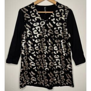 Berek women's black top silver and gold sequence leopard print long sleeve S